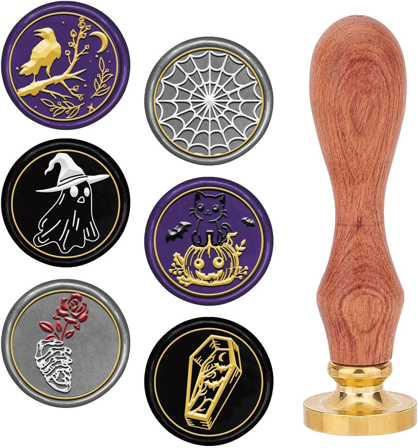 CRASPIRE Halloween Wax Seal Stamp Set 6Pc Brass Sealing Stamp Head 1pc Wood Handle Removable Kit Crow Witch Skull Spider Web Pumpkin Bat Haunted House For Party Envelope Invitation Diy Craft Gift Wrap - View #11