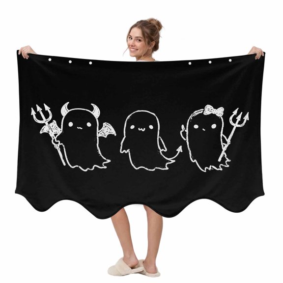Halloween Wearable Blanket, Black Cartoon Line Spooky Devil Ghosts Minimalist Plush Thick Cozy Flannel Oversized Adult Throw Body Wearable Blankets with Pocket Gifts for Women Men 45x64in
