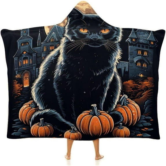 Halloween Wearable Blanket, Cozy Cloak Hooded Blanket Cat Pumpkin Throw Blanket for Adult Kids-C2-L