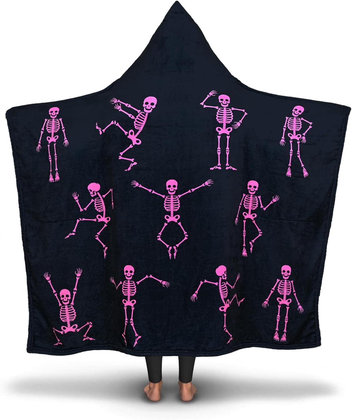 Halloween Wearable Blanket Hoodie Blacklight Skeleton Dance Hoodie Blanket with Hand Pockets, Funny Skull Soft Flannel Adult Hooded Blanket for Women and Men, 50 X 60 Inches (Black)