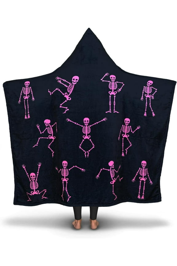 Halloween Wearable Blanket Hoodie Blacklight Skeleton Dance Hoodie Blanket with Hand Pockets, Funny Skull Soft Flannel Adult Hooded Blanket for Women and Men, 50 X 60 Inches (Black)