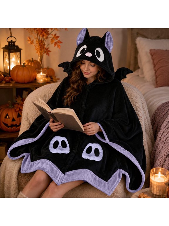 Halloween Wearable Blanket Hoodie, Hooded Wearable Blanket Poncho with Sleeves for Women, Bat Design Oversized Plush Blanket Wrap for Napping Lounging Home Relaxing, Halloween Gift Idea