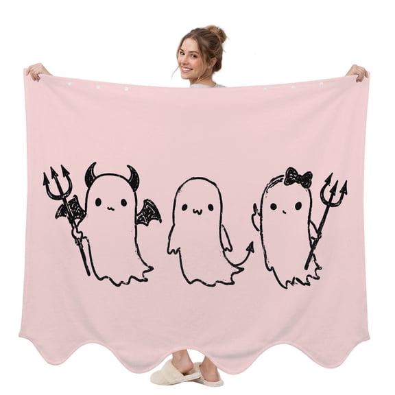 Halloween Wearable Blanket, Pink Cartoon Line Spooky Devil Ghosts Minimalist Plush Thick Cozy Flannel Oversized Adult Throw Body Wearable Blankets with Pocket Gifts for Women Men 58x64in