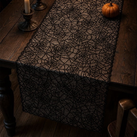 Halloween Web Lace Table Runner, Sheer Mesh Table Scarf With Scalloped Edges, Spooky Holiday Dining Table Decor, Gothic Fireplace Mantel Decoration