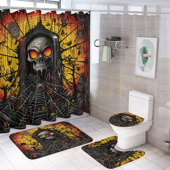 Halloween Web Skull Full Moon Shower Curtain Sets with Rugs 4 Piece Shower Curtain And Rugs Shower Curtain Set Fall Autumn Halloween Waterproof Fabric Bath Curtain for Bathtub Decor