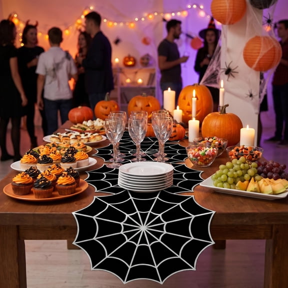 Halloween Web Table Runner, Polyester Fabric Table Scarf, Scalloped Edge Spider Web Design, Dining Table Fireplace Mantel Party Decoration For Seasonal Home Display