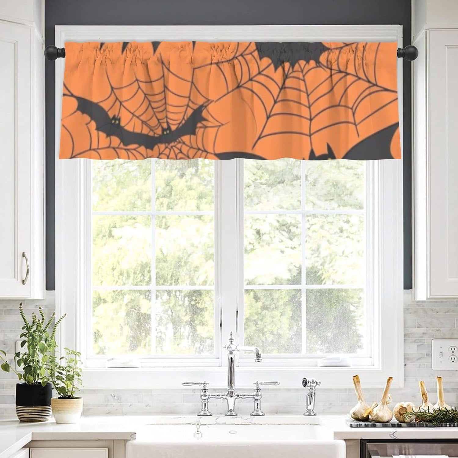 Vlanace Halloween Web bat Valance Curtain 60x18inch Orange Adjustable 18