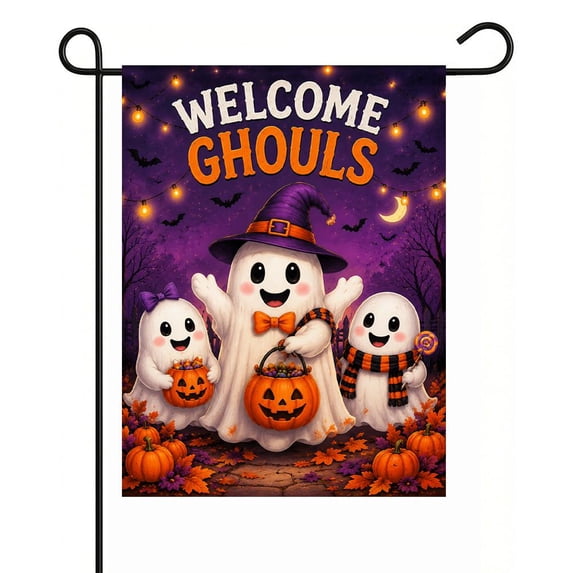 Halloween Welcome Garden Flag 11.8 x 17.7 in, Cute Ghost Black Cat Pumpkin Double Sided Weather Resistant Yard Banner, Flag Only