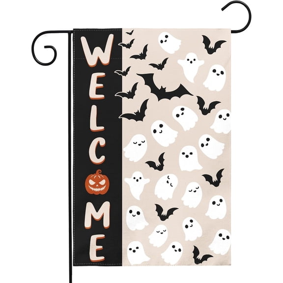 Halloween Welcome Garden Flag 12x18 Inch Cute Ghost Bat Black Cream Holiday Theme Scary Halloween Decorative Yard Flags for Outside Double Sided Outdoor Home Farmhouse Decoration Porch Decor