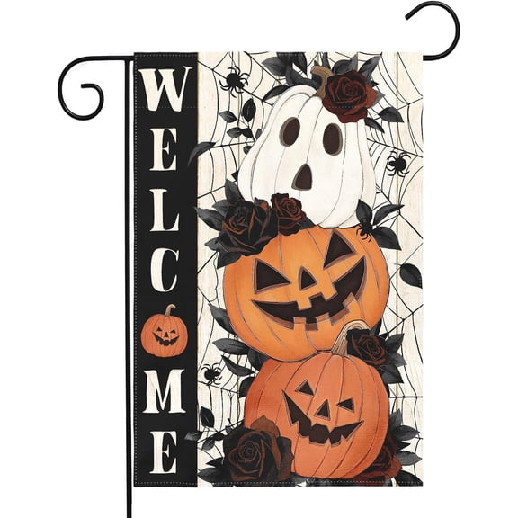 Halloween Welcome Garden Flag 12x18 Inch Double Sided Scary Pumpkin Rose Outdoor Seasonal Yard Flag for Porch Farmhouse Decor