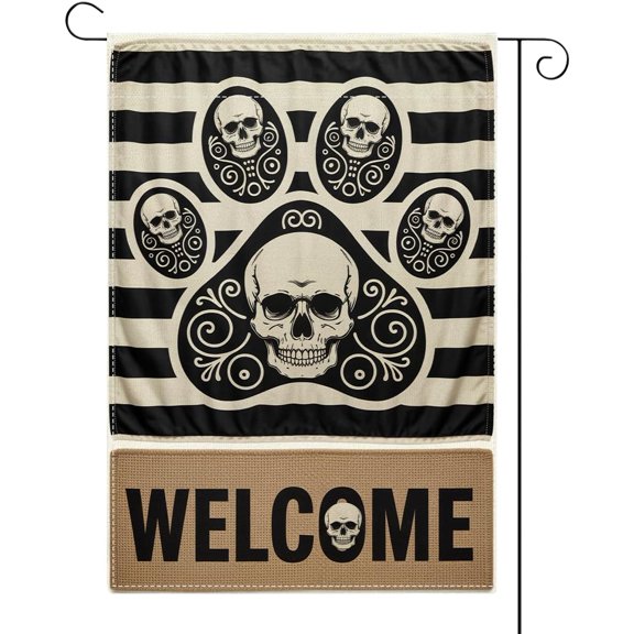 Halloween Welcome Garden Flag, Dog Paw Print Skeleton Halloween Decor Garden Flag, 12x18 Inch Burlap Double Sided Flags, for Home Yard Outside Decorations