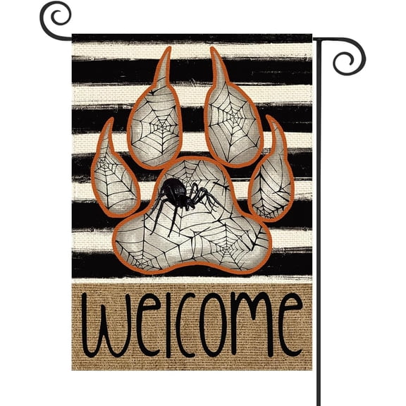 Halloween Welcome Garden Flag Spooky 12.5 x 18 Inch Double Sided Burlap Dog Paw Print Spider and Spider Web Yard Flag Holiday Seasonal Outdoor Outside Decoration