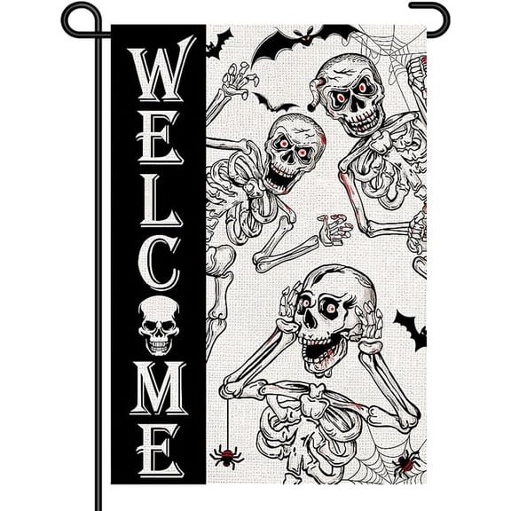 Halloween Welcome Garden Flags for Outside 12x18 Inch Double Sided Burlap, Horror Skull Sign Spooky Ghost Small Flag Farmhouse Holiday Yard Lawn Outdoor Decorations DF854