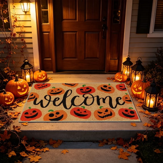 Halloween Welcome Mat Spooky Non-Slip Front Door Mat, 15.7"x23.6", Faux Coir, Rubber Backing, Shed & Fade Resistant, Low Profile Doormat for Porch Patio Entryway Back Door Fall Home Decor