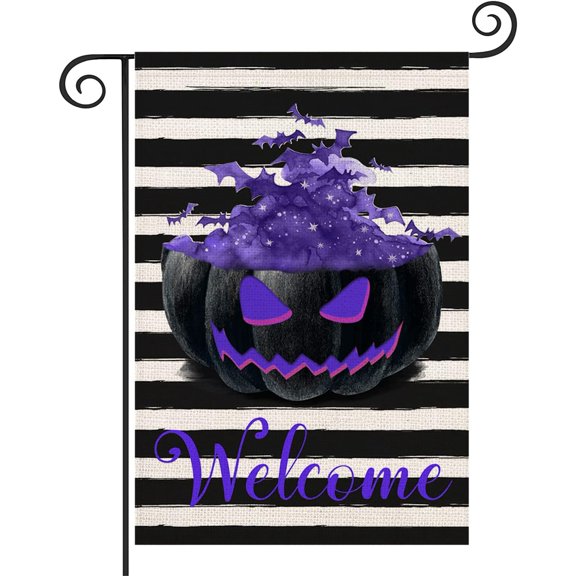 Halloween Welcome Pumpkin Garden Flag 12.5x18 Black and White Stripes with Evil Pumpkins Jack-O-Lantern Purple Bat Seasonal Farmhouse Decorations Double Sided Yard House Flags Outdoor Banner