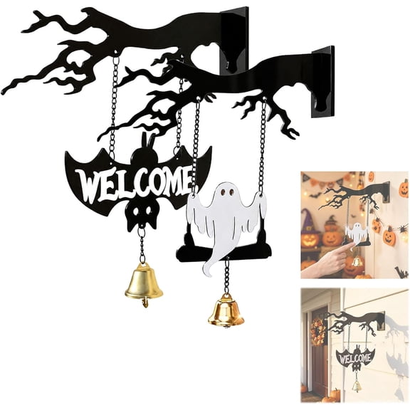 Halloween Welcome Sign Ghost Bat Swing Decor, 2D Acrylic Hanging Ornament With Brass Bell For Gothic Porch (2Pcs)