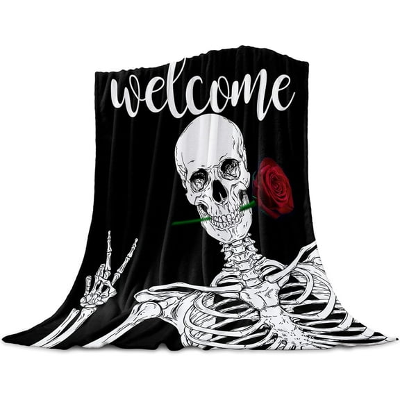 Halloween Welcome Throw Blankets, Funny Rock and Roll Skeleton Skull Soft Fleece Blanket Decorative for Home Sofa Couch Chair Living Bedroom,60x80 inches, Black