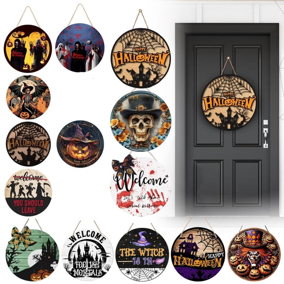 Halloween Welcome Wooden Sign, Halloween Home Decor, Door Decorations Hanging, Wood Wall Decor, 12 Inch Diameter Haunted Castle Bat Pattern Wall Hanging Plaque for Indoor Living