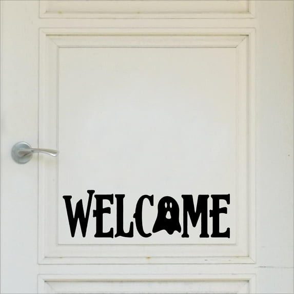 Halloween Welcome with Ghost Spooky Vinyl Lettering Wall Decal Size: 5.5”H x 21”L - Color: Black