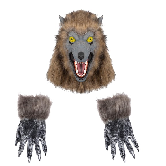 Halloween Werewolf Mask and Claw,Horror Werewolf Mask with Hair,Wolf Costume Set,Scary Latex Wolf Mask for Halloween Party Carnival,Wolf Head Mask