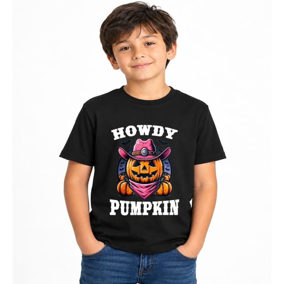 Halloween Western Cowboy Pumpkin Graphic T-Shirt for Boys, Fun Spooky Short Sleeve Shirt for Fall