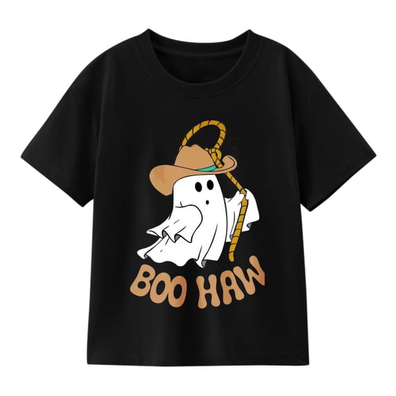 Halloween Western Ghost with Cowboy Hat T-Shirt for Boys, Cute Graphic Short Sleeve Shirt for Autumn Seasonal Wear