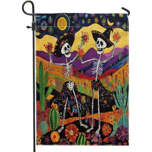 Halloween Western Skeleton Cowboy Funky Groovy Skull Garden Flag 12 x 18 Inch Linen Outdoor Decor
