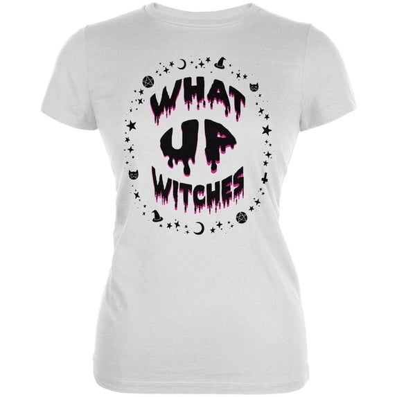Halloween What Up Witches Witchy Elements Black Text Juniors Soft T Shirt White LG