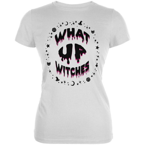 Halloween What Up Witches Witchy Elements Black Text Juniors Soft T Shirt White SM