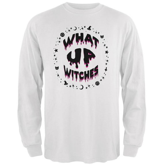 Halloween What Up Witches Witchy Elements Black Text Mens Long Sleeve T Shirt White 3X-LG
