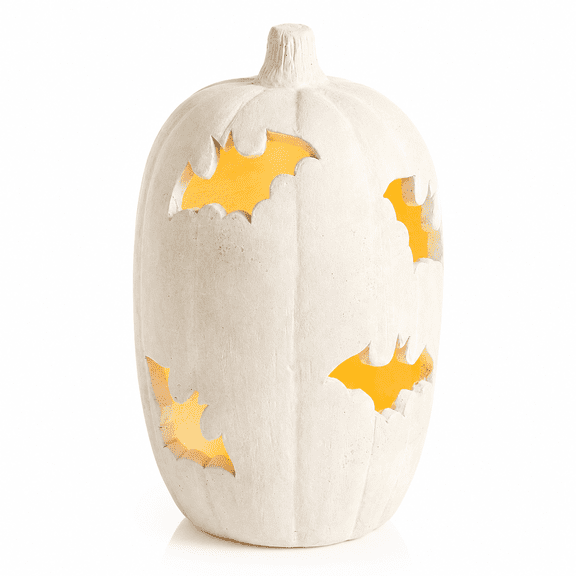 Halloween White Bat Cutout Pumpkin Decor, 13.25 Inch Modern Farmhouse Jack-O-Lantern Statue, Trick or Treat Candy Bowl, Halloween Tabletop Centerpiece for Porch Entryway