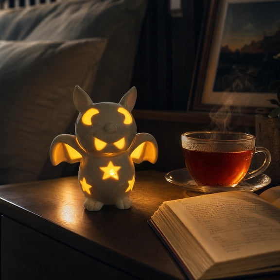 Halloween White Ceramic Luminous Bat Figurine Light Tabletop Accent for Mantel Entryway Festive Seasonal Display Virelaxpo