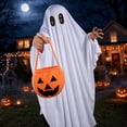 thumbnail image 1 of Halloween White Ghost Cloak Costume with Pumpkin Bag, 37in Spooky Cape Set for Costume Party, Masquerade, Photo Booth, Holiday Event and Themed Dress-up, and Party Photo Fun, 1 of 8