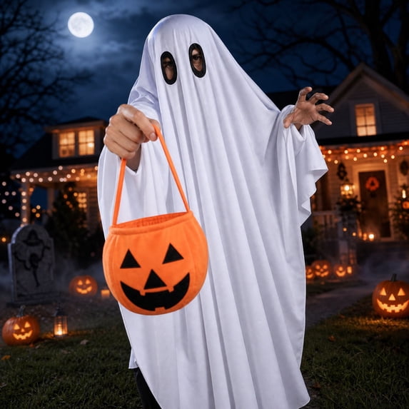 Halloween White Ghost Cloak Costume with Pumpkin Bag, 37in Spooky Cape Set for Costume Party, Masquerade, Photo Booth, Holiday Event and Themed Dress-up, and Party Photo Fun