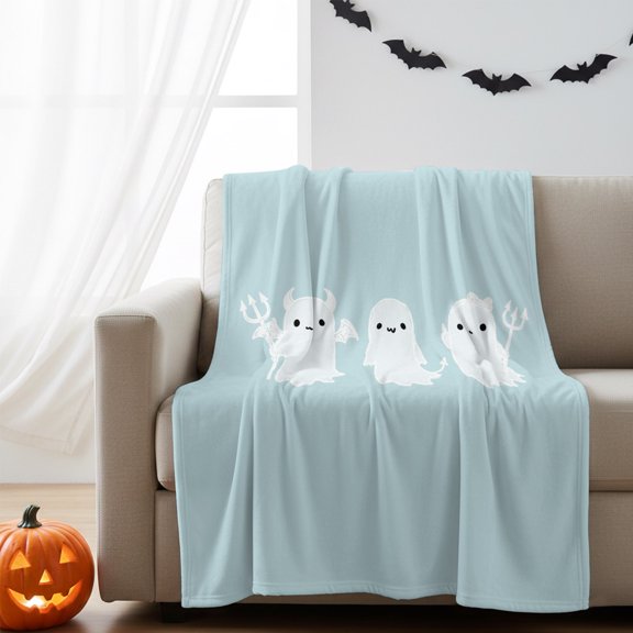 Halloween White Ghost on Light Blue Flannel Throw Blanket Funny Devil Sketch Soft Warm Cozy Throws Lightweight Fuzzy Blanket for Sofa Couch Bed Car All Season Use ,40x50in