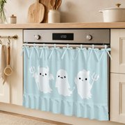 Halloween White Ghost on Light Blue Oven Skirt Curtain Farmhouse Kitchen Decor 27x20in, Funny Devil Sketch Cabinet Curtain with 8 Tie Top,Waterproof Oil-Proof Dishwasher Stove Door Cover