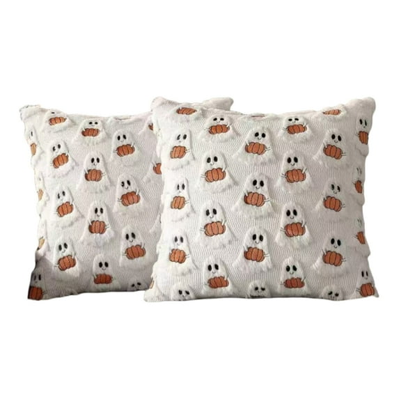 Halloween White Ghost Orange Pumpkins Decorative Pillow Cases Set of 2 high-quality polyester fabric 3D Embroidered for Sofa Couch Porch Outdoor Festive Home Decor
