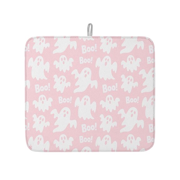 Halloween White Ghost on Pink Dish Drying Mats for Kitchen Counter,Absorbent Microfiber Dish Drainer Rack Mat Horror Boo Text Drying Pad for Sinks,Utensils,Countertops,16x18in