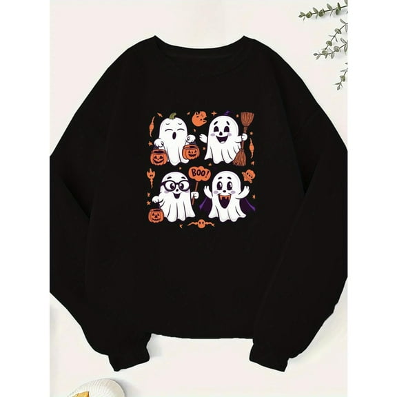 Halloween White Ghost Sweatshirt Design round-neck long-sleeved Themed Spooky Comfort Top Black S-3XL