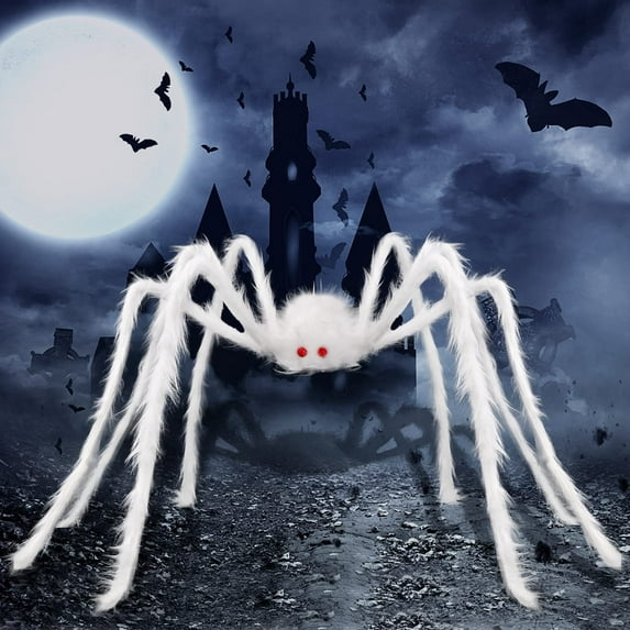 Halloween White Hairy Spider Decoration, Realistic Posable Plush Fake Spider, with Flexible Legs, Halloween Party Scary Prank Props for Haunted House, Bar, and Garden & Yard Decoration(125cm)
