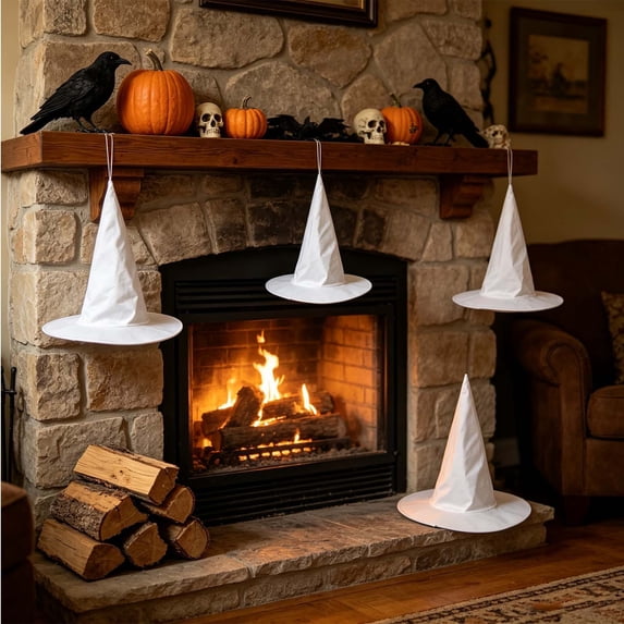 Halloween White Hanging Witch Hats, Porch Yard Decor & Witch Costume Accessories for Indoor Outdoor Halloween Decorations, No String Attached, 14in