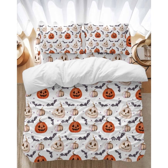 Halloween White Orange Pumpkin Bedding Duvet Cover Set Queen 4 Pieces Bat Spooky Grimace Pumpkin Horror Bat Bedding Set with Zipper Closure,1 Comforter Cover 90x92 In 1 Flat Sheet & 2 Pillow Cases