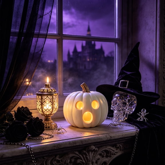 Halloween White Pumpkin Light Decor With LED Illumination Plastic 8.66 Inch 1 Count