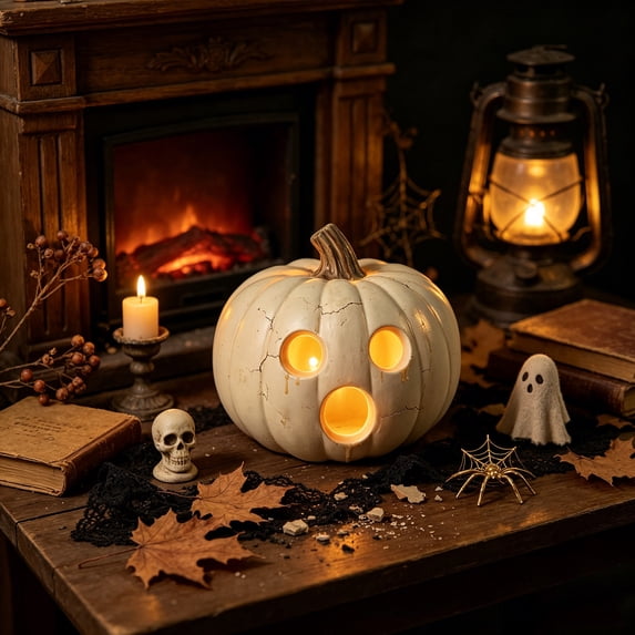 Halloween White Pumpkin Light, LED Plastic Jack O Lantern with Surprised Face, Battery Powered Decor for Porch Mantel Patio Party Store Display