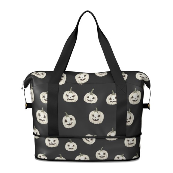 Halloween White Pumpkin Sketch Pattern Expandable Travel Tote Bag, Overnight Carry on Bag with Dry Wet Pockets, Waterproof Dacron Gift Ideas for All People