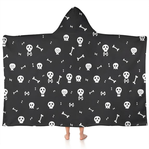 Halloween White Skulls and Bones Hooded Bath Towel,60"x35" for Ages 3 To 12 Kids, Quick Dry Lightweight Soft Microfiber Hood Beach Towel Cover Up for Kids