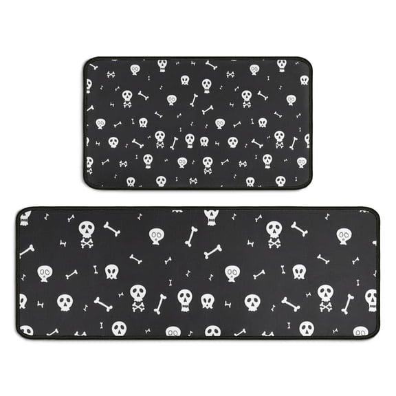Halloween White Skulls and Bones Kitchen Rugs Sets Of 2,Anti Fatigue Kitchen Mat Rugs Non Slip Washable,Decorative Kitchen Floor Mats for Kitchen,Sink,Laundry,17"X30"+17"X47"