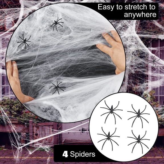 Halloween White Spider Web Decorations | Super Stretch Cobwebs with 4 Black Spiders | Indoor & Outdoor Horror Party Decor | Scary Haunted House Supplies