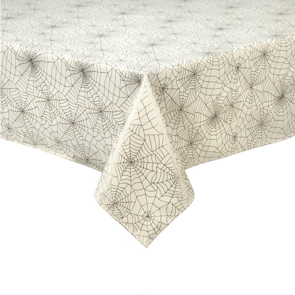 Halloween White with Silver Metallic Spider Webs Fabric Tablecloth Nantucket (58 x 84 Rectangle/Oblong)