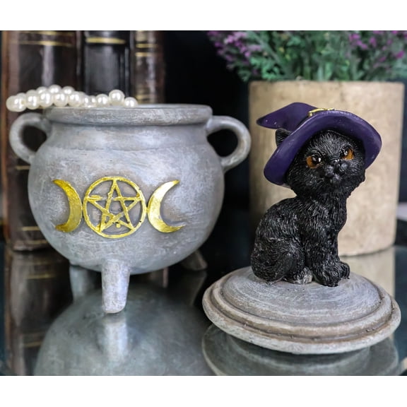 Halloween Wicca Black Cat With Witch Hat On Triple Moon Cauldron Decorative Box